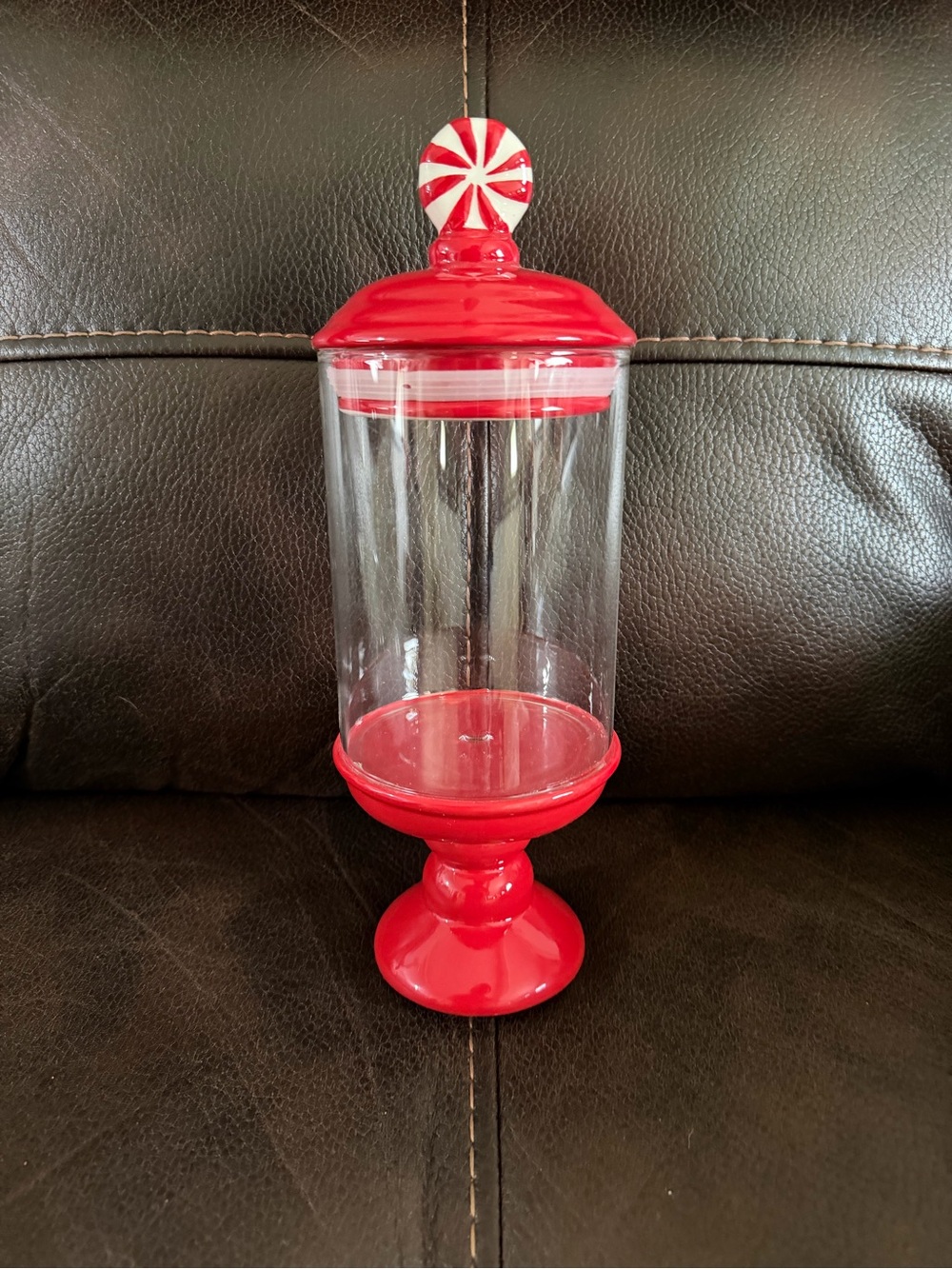 Red Glass Candy Jar with Peppermint Top